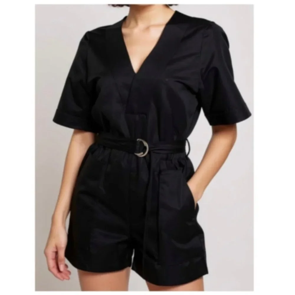 NWT COS Black Linen Blend Belted V-neck Romper Minimalist Summer Women's 6